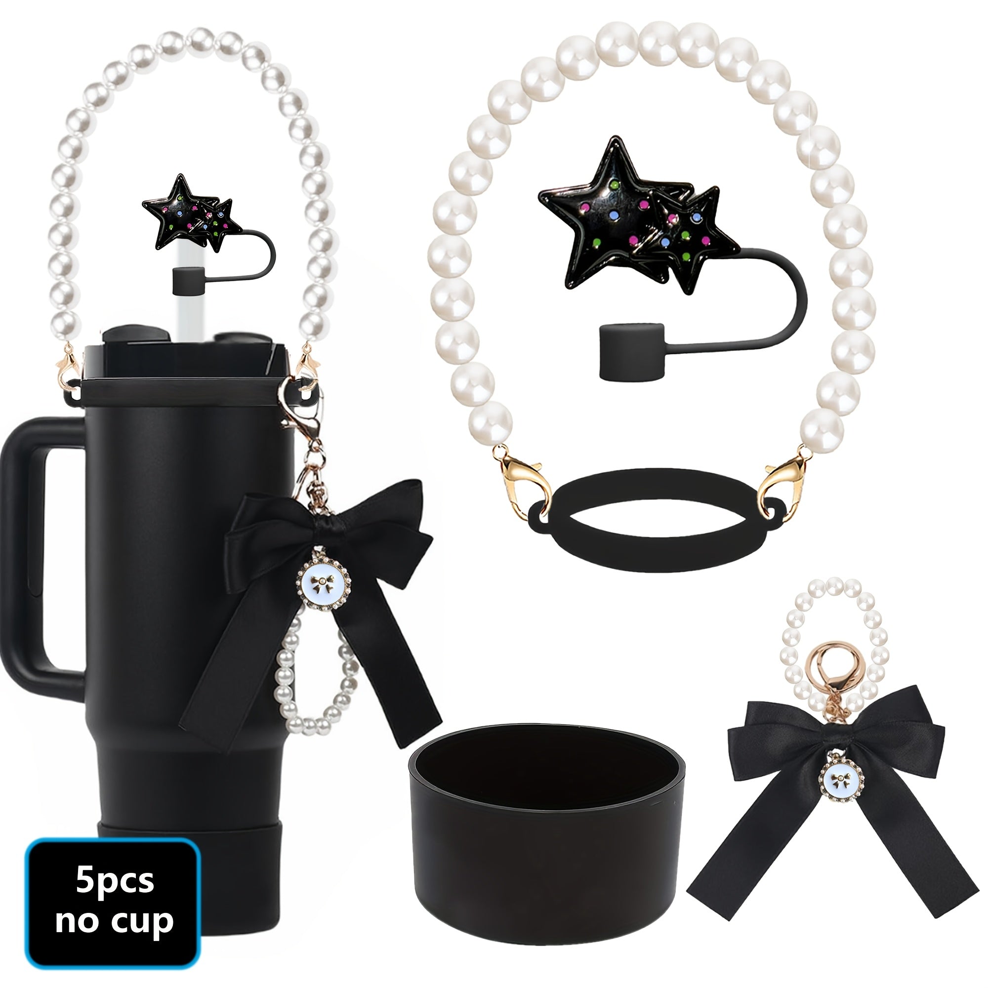 5pcs Tumbler Accessory Kit: Pearl Strap, Bow Keychain, Silicone Boot & Star Straw Cover - Compatible with 40oz & 30oz ST Cups - For Tumbler Enthusiasts - Perfect Gift for Birthdays & Holidays